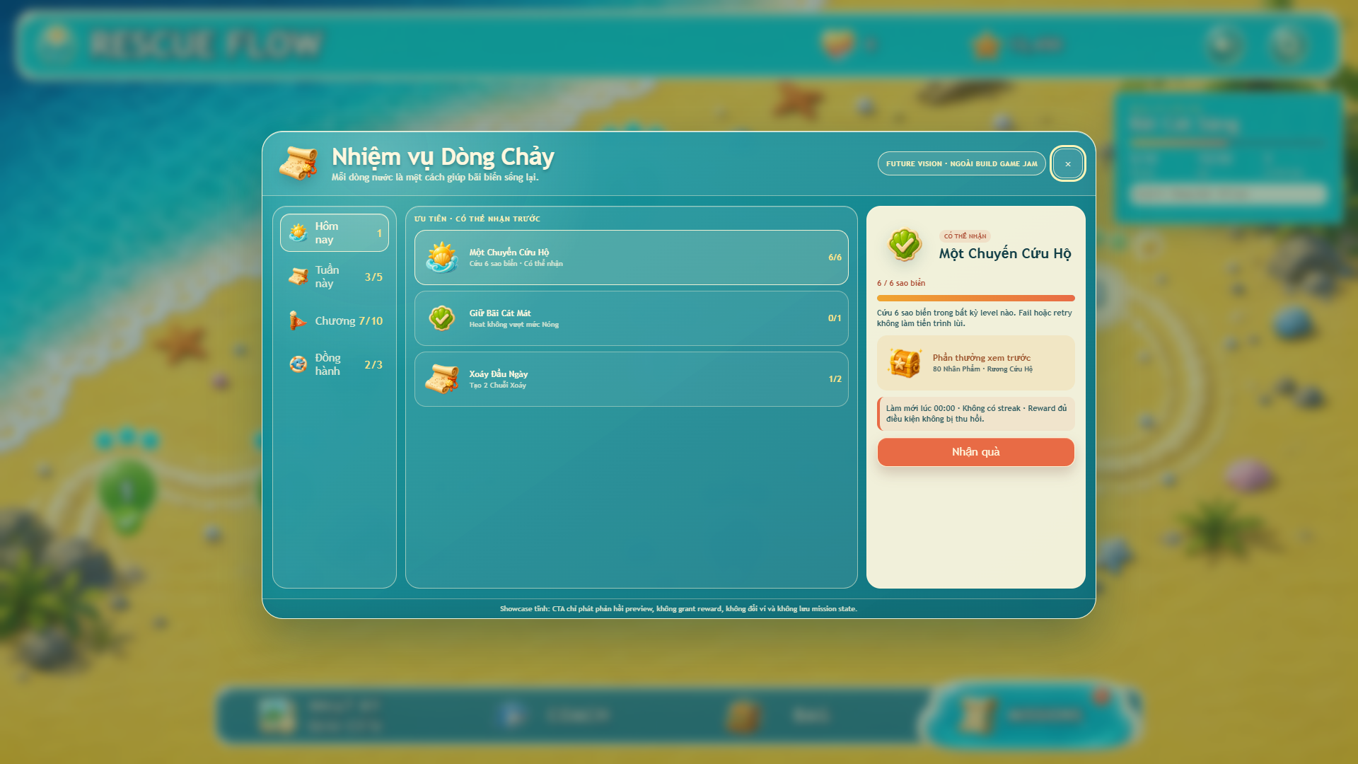 Popup Nhiệm vụ Dòng Chảy trên menu Shell Tide, gồm category Daily Weekly Chapter Companion, mission list, progress và reward preview.